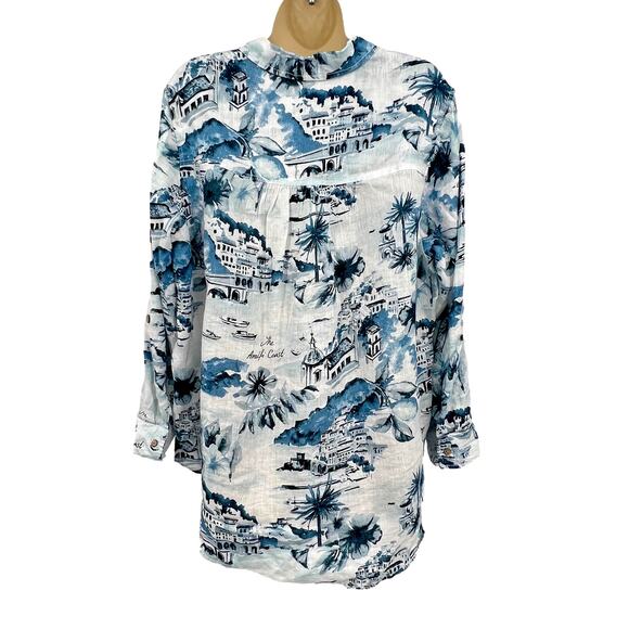 100% Linen Women's 1X Amalfi Coast AOP Coastal Beachy Vacation Top Resort Wear - Picture 3 of 6